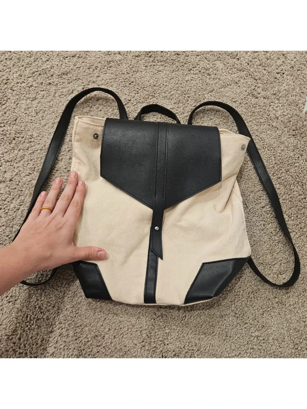Deux Lux Cream Canvas Black Vegan Leather Backpack Minimalist Bag